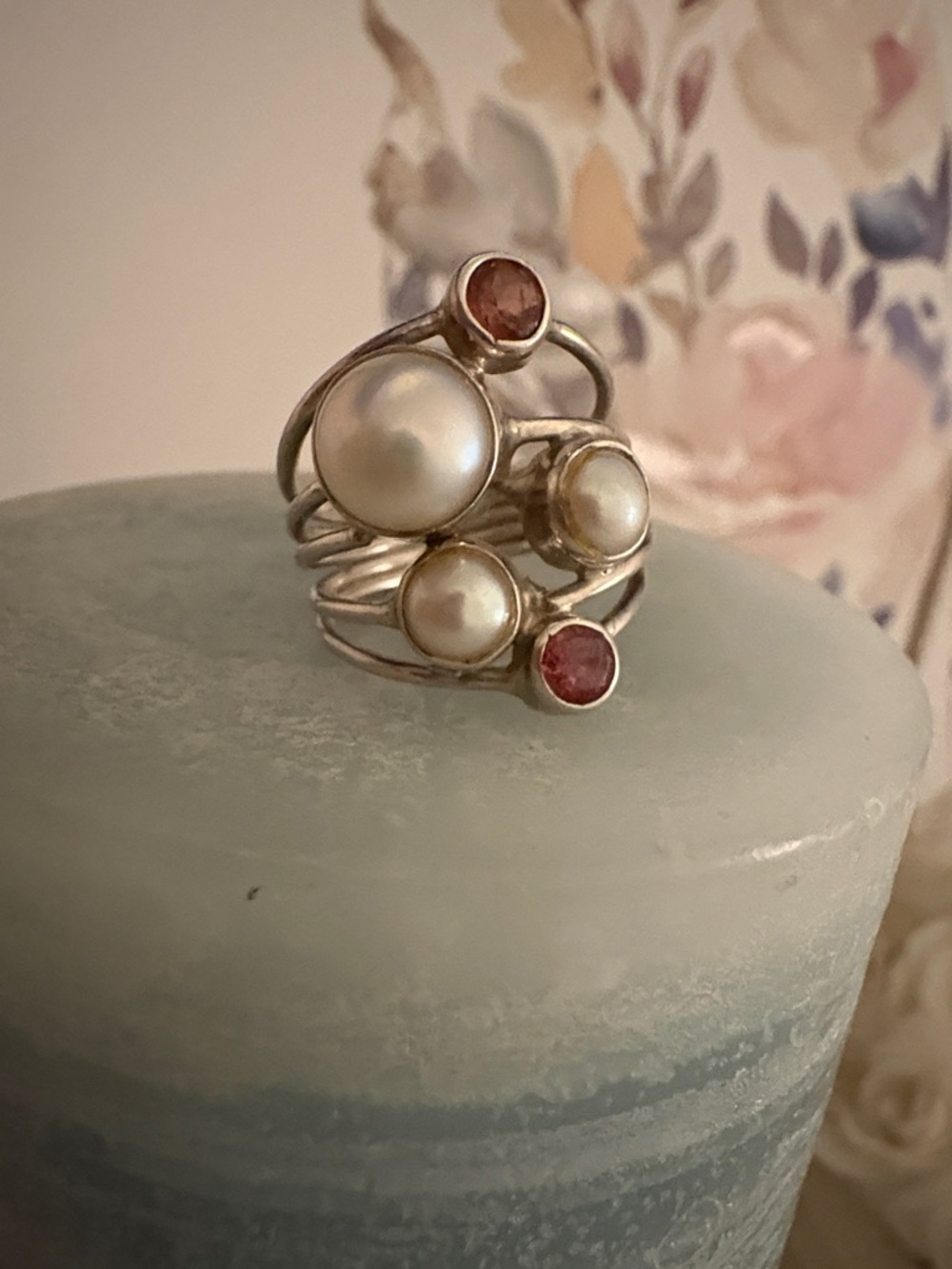 Pearl and Ruby Cocktail Ring 925 price firm.